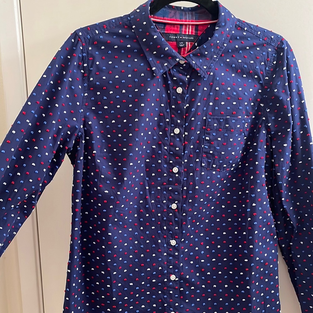 Tommy Hilfiger red white and blue polka dot textured shirt